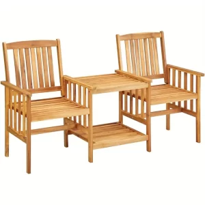 Garden Chairs with Tea Table 62.5"x24"x36.2" Solid Acacia Wood, 2 Person Outdoor Wood Patio Furniture Dining Set