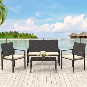 Bigzzia Patio Furniture Set,4 Pcs Outdoor Conversation Furniture, Includes 2 Rattan Chairs and 1 Loveseat,1 Tempered Glass Table